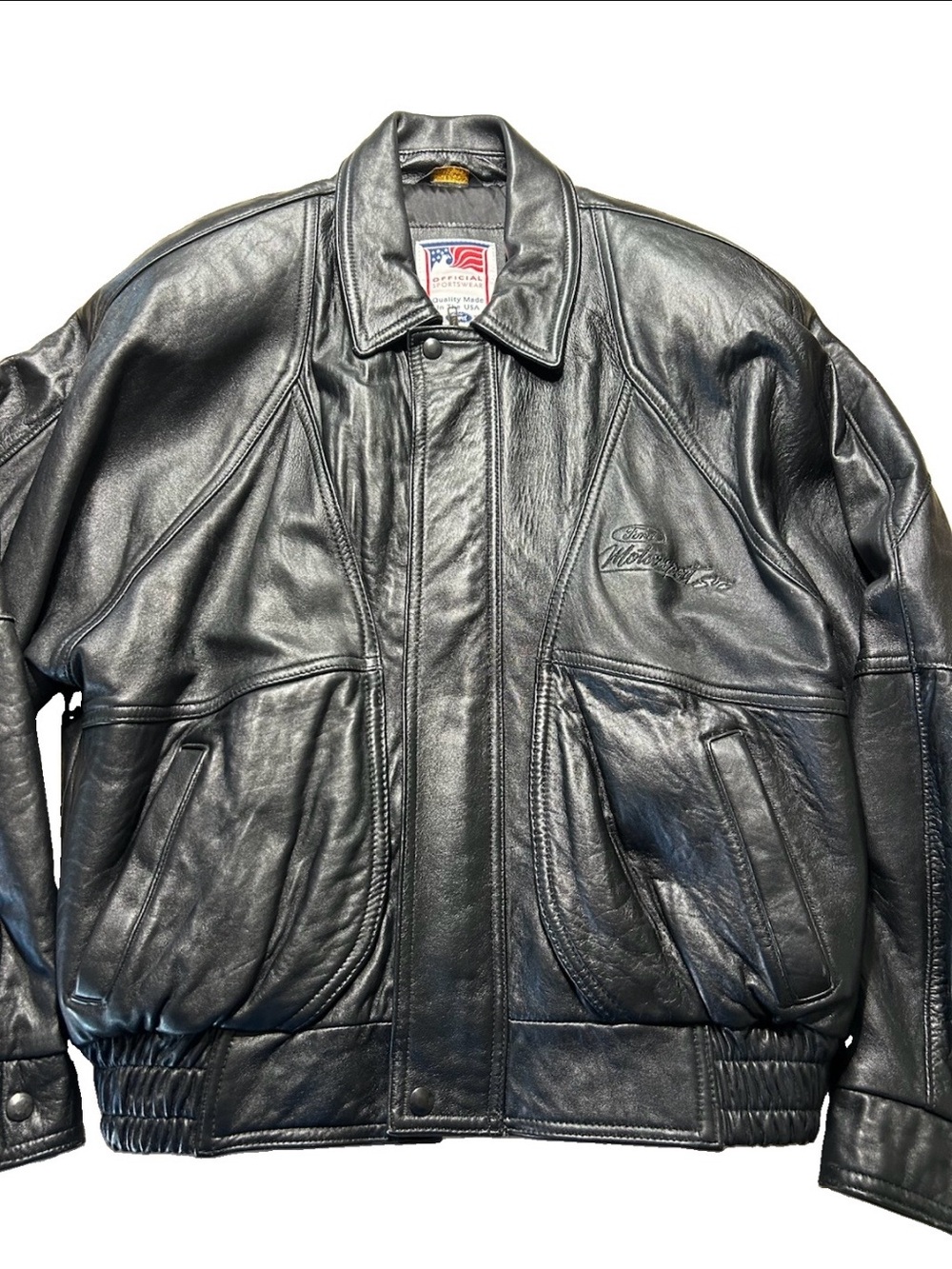 Vintage Ford Motorsports Genuine Leather Jacket Made USA Black Bomber Mens L